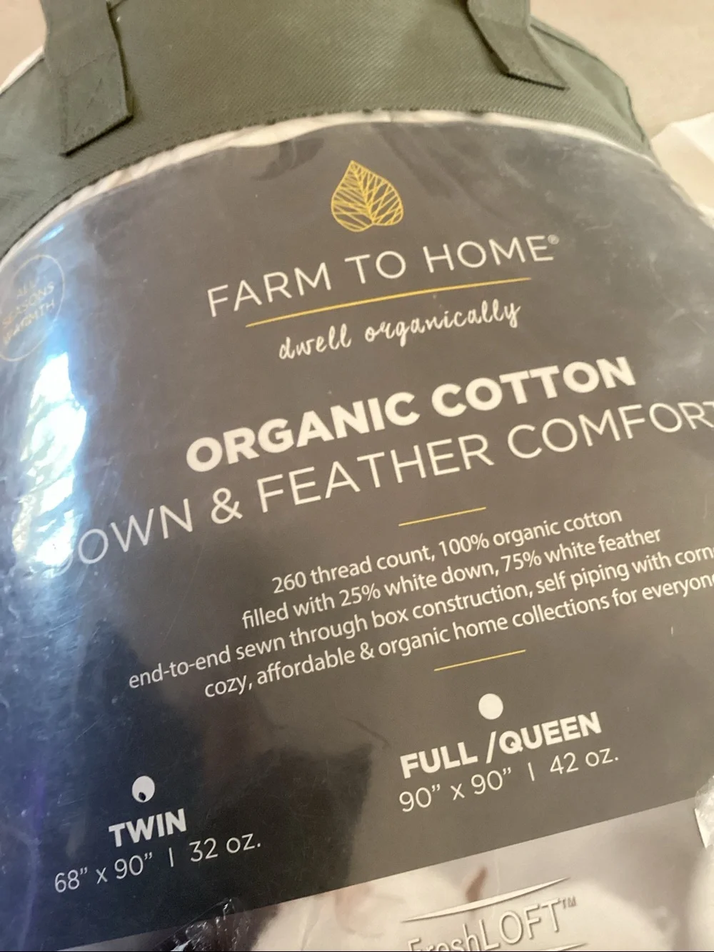 Farm To Home Organic Blended Cotton Down / Feather Comforter - Twin, NEW nwt